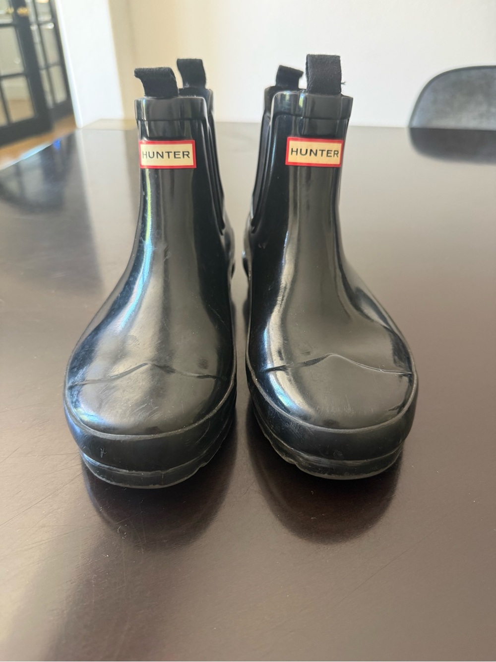 Hunter Glossy Black Chelsea Rain Boots with Red Logo